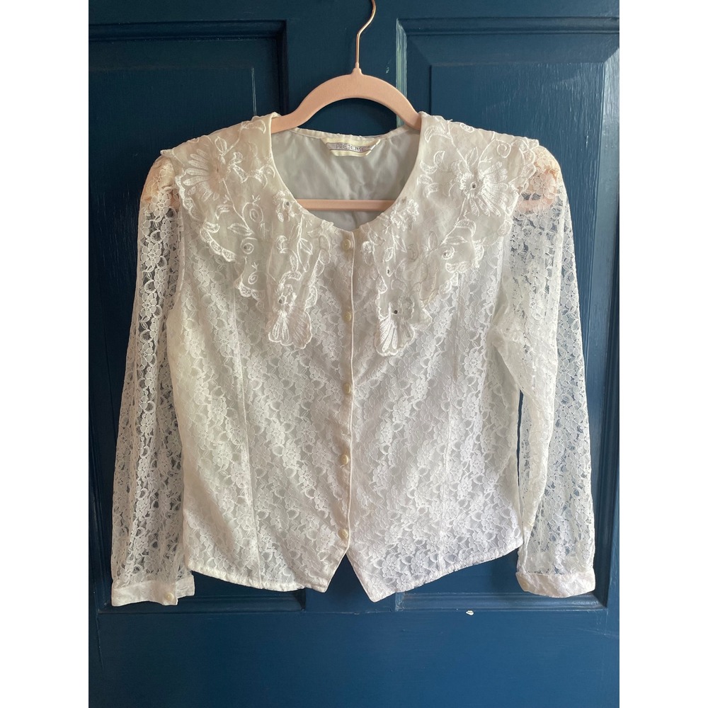 Vintage Lace Blouse Oversized Collar Floral Button Down Small